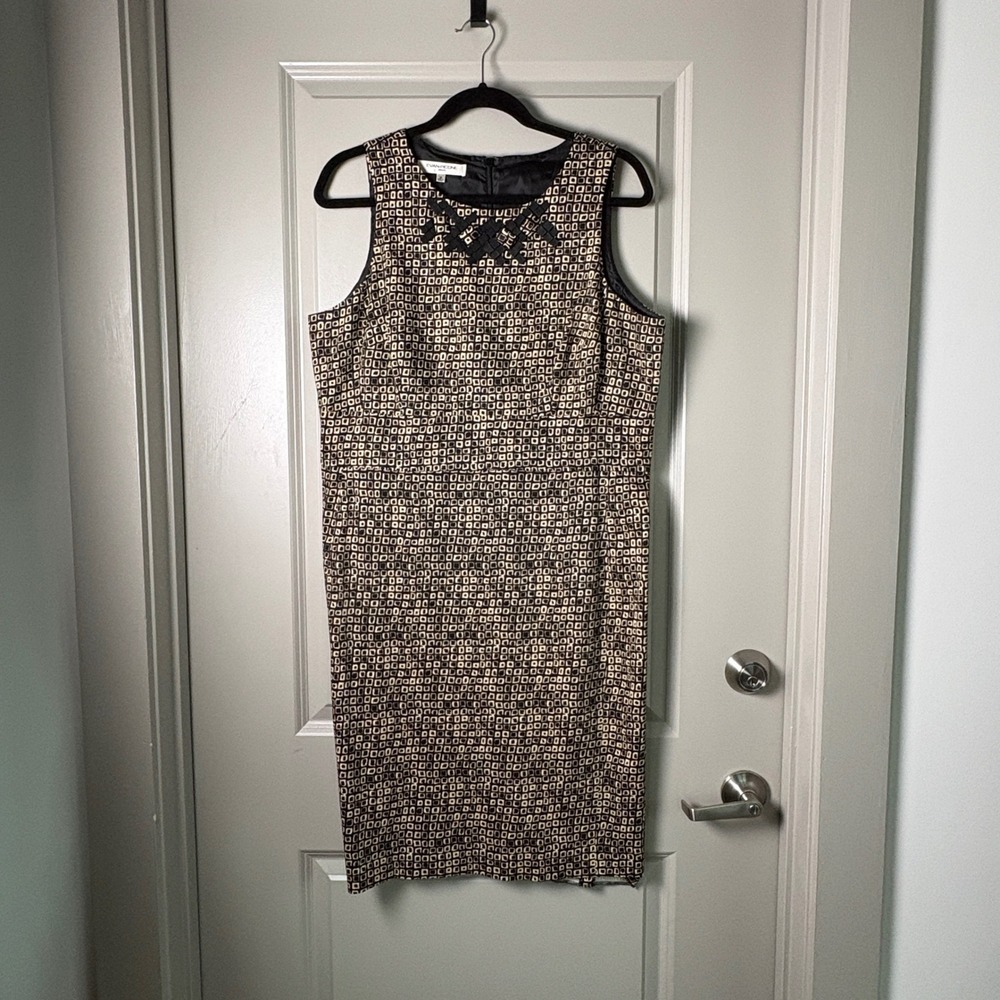 Evan-Picone Geometric Square Print Sheath Dress Tan Black 16